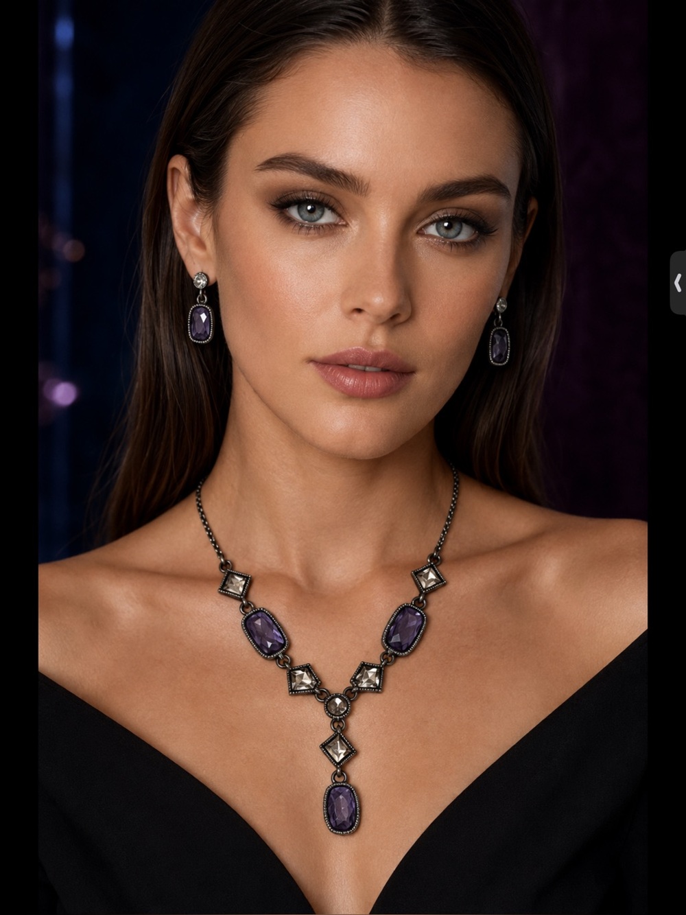 Elegant Purple Stone Drop Necklace and Earrings Set,NIB